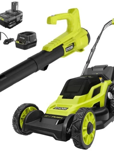 13″18V Cordless Walk Behind Push Lawn Mower & Blower, 4.0Ah Battery Charger